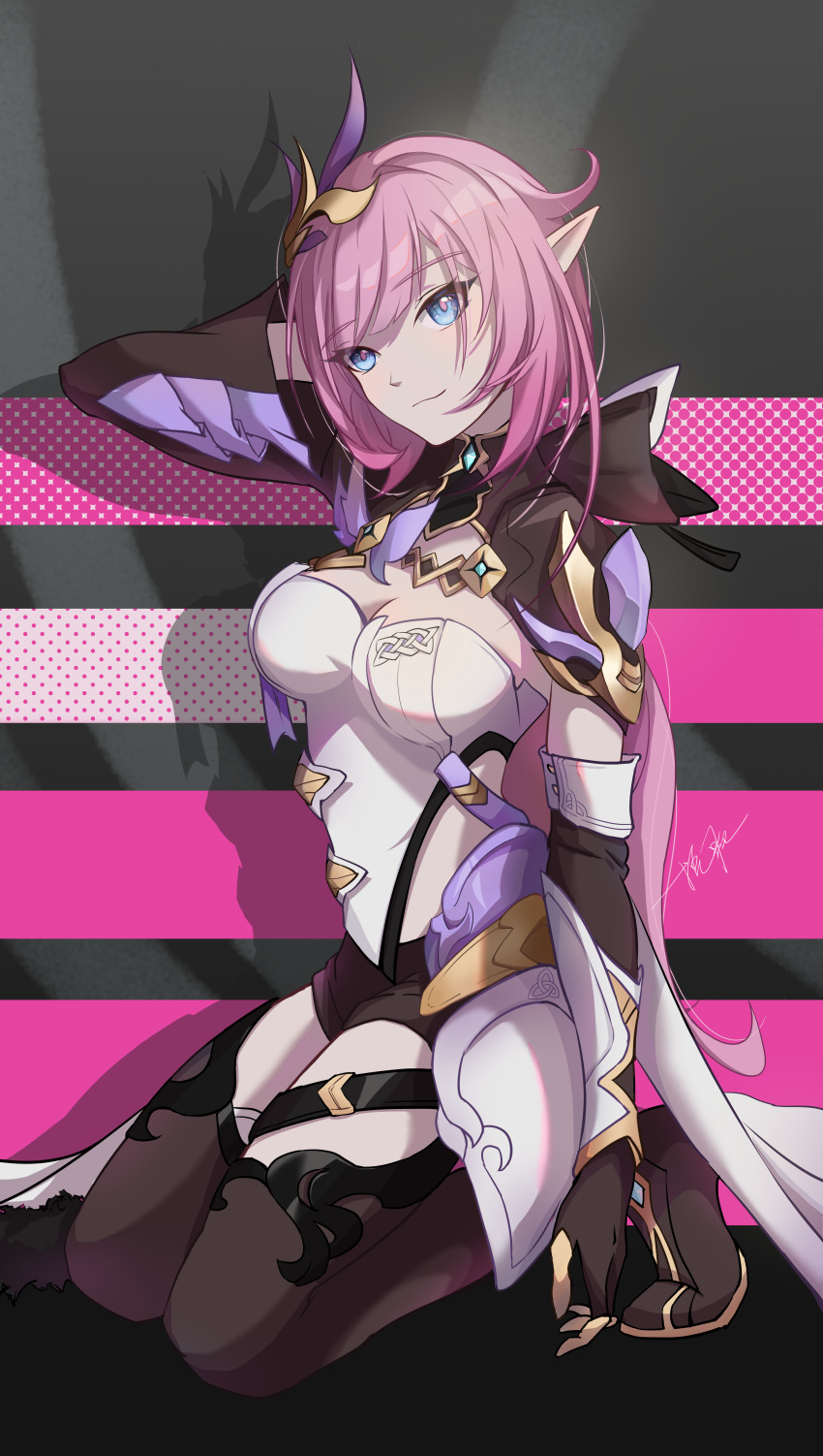 1girl absurdres bangs black_footwear black_shorts blue_eyes boots breasts cleavage cleavage_cutout closed_mouth clothing_cutout elf elysia_(honkai_impact) elysia_(miss_pink_elf) full_body hair_ornament highres honkai_(series) honkai_impact_3rd long_hair long_sleeves looking_at_viewer ooo_wange pink_hair pointy_ears ponytail shorts smile solo thigh_boots