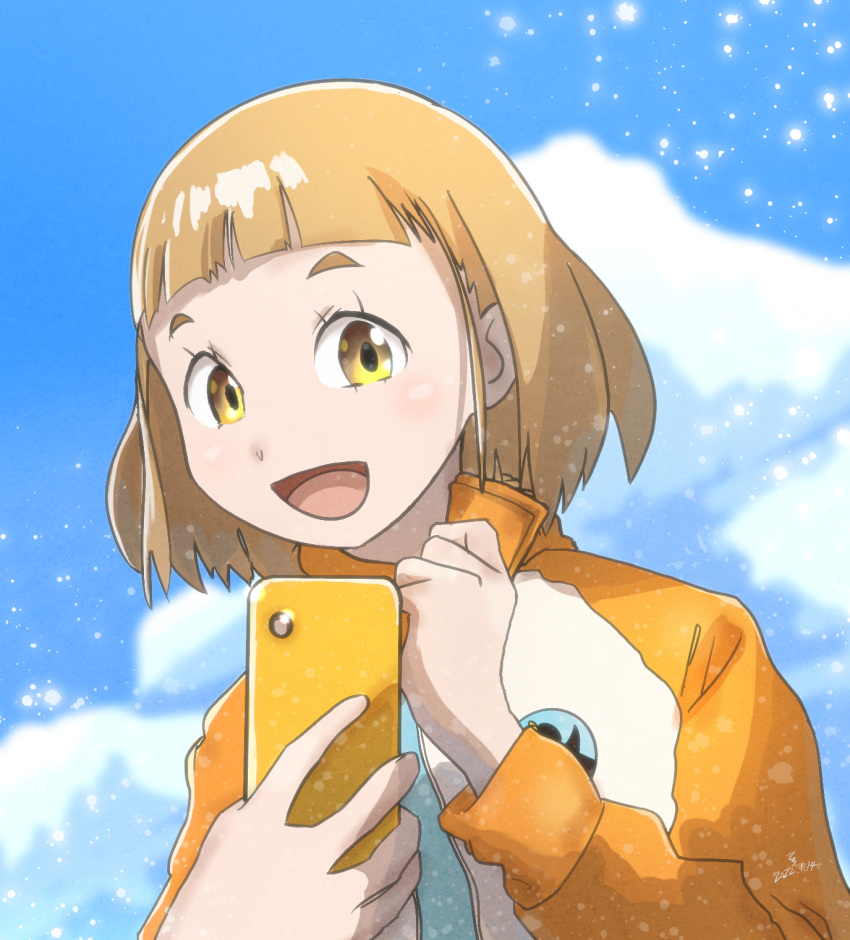 1girl :d bangs blue_sky blunt_bangs brown_hair cellphone clenched_hand cloud dated highres jacket long_sleeves looking_at_viewer phone short_hair sky smartphone smile solo sora_yori_mo_tooi_basho tamaki_mari terry_lydiment yellow_eyes