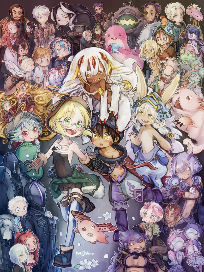 4others 6+boys 6+girls :d :o absolutely_everyone animal_ears belafu_(human) belchero_(made_in_abyss) blonde_hair bondrewd brown_gloves brown_hair character_request check_character creature crossdressing dark-skinned_female dark-skinned_male dark_skin everyone fake_horns faputa flower furry gabuurun glasses gloves green_eyes green_hair gueira_(made_in_abyss) habolg_(made_in_abyss) helmet highres horned_helmet horns irumyuui jiruo_(made_in_abyss) kingjoshuaart kiyui_(made_in_abyss) long_hair lyza_(made_in_abyss) made_in_abyss maid maid_headdress maruruk mechanical_arms meinya_(made_in_abyss) mitty_(made_in_abyss) mitty_(made_in_abyss)_(human) multiple_boys multiple_girls multiple_others nanachi_(made_in_abyss) nanachi_(made_in_abyss)_(human) narehate natt_(made_in_abyss) ozen prushka rabbit_ears red_eyes regu_(made_in_abyss) riko_(made_in_abyss) shiggy_(made_in_abyss) short_hair smile spoilers torka veko very_dark_skin wazukyan_(human) whistle whistle_around_neck white_flower white_hair yellow_eyes