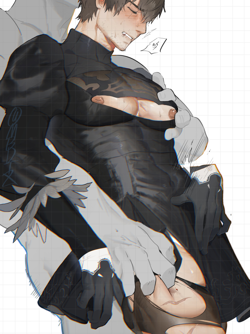 2boys absurdres adventurer_(ff14) bangs bara black_dress black_hair blush cleavage_cutout closed_eyes clothing_cutout cosplay dress facial_hair feather-trimmed_sleeves feather_trim final_fantasy final_fantasy_xiv groping highres holding_another's_thighs hyur juliet_sleeves large_pectorals long_sleeves male_focus mbdtz multiple_boys muscular muscular_male nier_(series) nier_automata nipples pectorals puffy_sleeves short_hair thick_thighs thighs two-sided_dress two-sided_fabric yaoi yorha_no._2_type_b yorha_no._2_type_b_(cosplay)