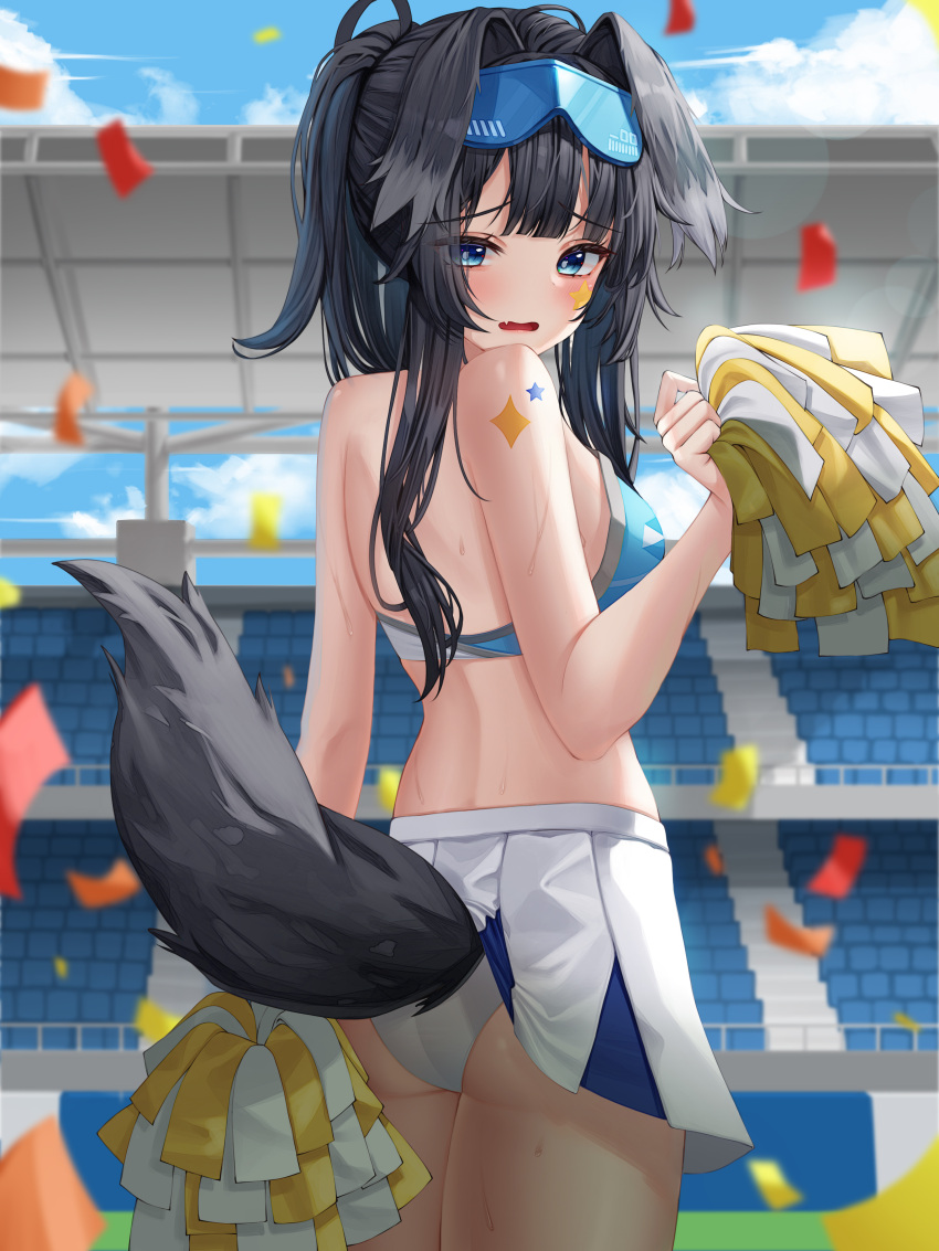 1girl absurdres animal_ears bare_shoulders black_hair blue_archive blue_bra blue_eyes blue_sky blurry blurry_background blush bra cheerleader cloud cowboy_shot crop_top day dog_ears dog_tail embarrassed falling_petals fang field from_behind hibiki_(blue_archive) hibiki_(cheerleader)_(blue_archive) highres holding holding_pom_poms hsxxx long_hair looking_back official_alternate_costume open_mouth outdoors panties petals pleated_skirt pom_pom_(cheerleading) ponytail shoulder_tattoo sidelocks skirt sky solo standing sweatdrop tail tattoo underwear upskirt white_bra white_panties white_skirt