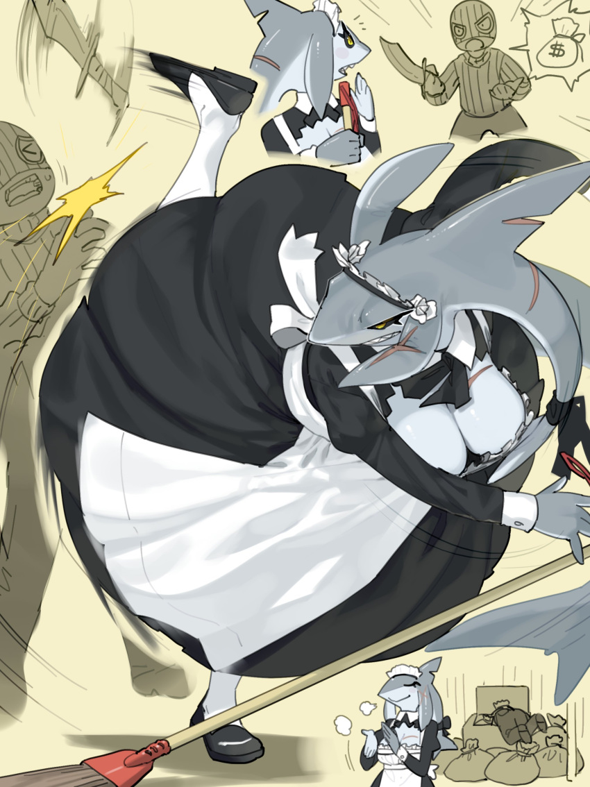 absurd_res anthro breasts cleavage clothed clothing female fish hi_res holding_knife holding_object human kame_3 kick knife maid_uniform male mammal marine robbery scar shark uniform