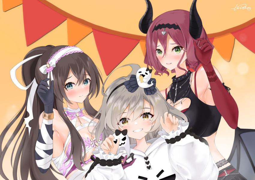 3girls ahoge aqua_eyes arm_garter artist_name assault_lily bandaged_arm bandaged_neck bandages bangle bangs bare_shoulders bat_wings black_gloves black_hairband black_horns black_shirt black_skirt bow bracelet breasts brown_hair budget_sarashi chest_sarashi claw_pose cleavage cleavage_cutout closed_mouth clothing_cutout commentary_request crop_top demon_costume demon_horns elbow_gloves fake_horns fake_wings frilled_sleeves frills garter_belt ghost_hair_ornament ghost_print gloves gradient gradient_background green_eyes grey_hair grin hair_between_eyes hair_ribbon hairband halloween_costume hand_up hands_up hatsukano_you heart_cutout high_ponytail highres hood hood_down hoodie horns jewelry long_hair long_sleeves looking_at_viewer low_wings medium_breasts midriff multicolored_hair multiple_girls mummy_costume necklace official_alternate_costume orange_background parted_lips pendant pennant ponytail print_hoodie puffy_sleeves red_gloves red_hair ribbon sarashi sasaki_ran serizawa_chikaru shirt short_hair sidelocks signature skirt sleeveless sleeveless_shirt sleeves_past_wrists smile standing streaked_hair string_of_flags stuffed_toy torn_ribbon tsuyutsuwa upper_body very_long_hair white_bow white_hairband white_hoodie white_ribbon wings yellow_eyes