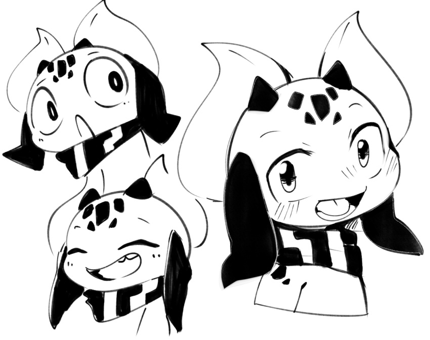 anthro black_and_white blush bust_portrait doneru dragon eyes_closed fangs head_markings hi_res horn looking_at_viewer markings monochrome neneruko_(doneru) portrait scalie scarf simple_background sketch smile solo white_background young