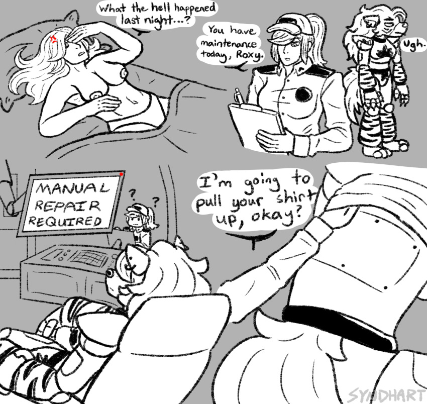 anthro bed breasts clothed clothing comic dialogue duo female female/female five_nights_at_freddy's five_nights_at_freddy's:_security_breach furniture hat headgear headwear hi_res human human_on_anthro interspecies machine mammal partially_clothed roxanne_wolf_(fnaf) scottgames size_difference syndhart uniform vanessa_(fnaf) video_games