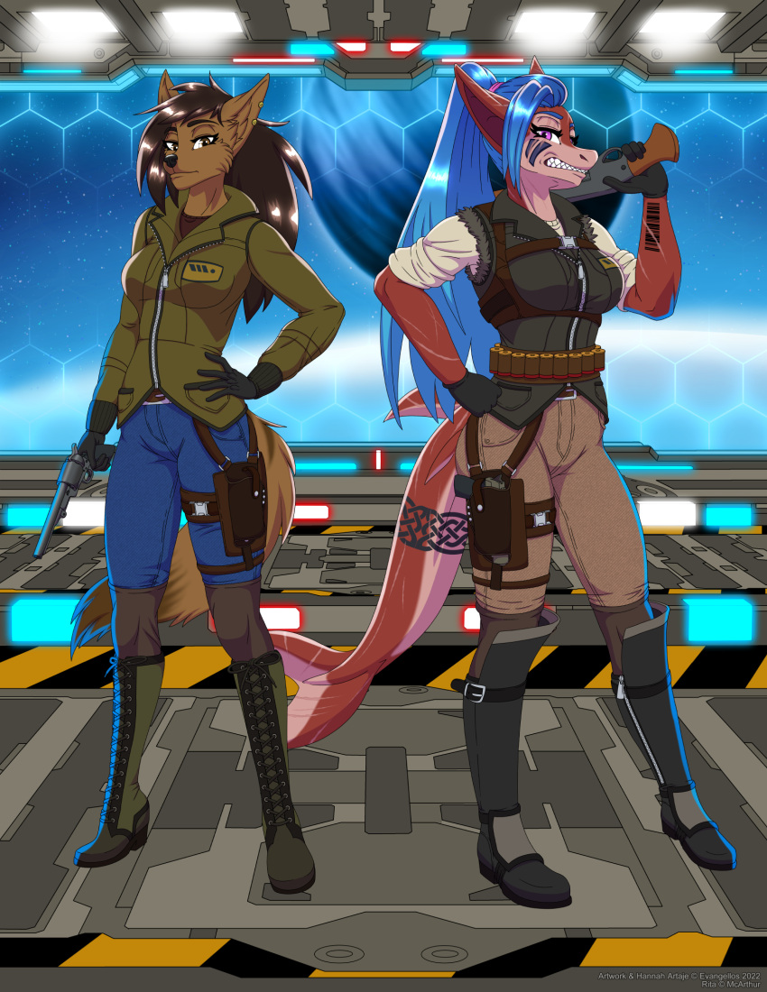 2022 5_fingers ammo_belt anthro arm_tattoo barcode barcode_tattoo belt black_nose blue_hair boots bottomwear breasts brown_body brown_fur brown_hair canid canine clothed clothing digital_media_(artwork) duo evangellos_(artist) eye_scar facial_scar female fennec fingers fish footwear fox fur gloves gun hair handgun handwear hangar hannah_artaje hi_res holster humanoid_hands jacket mammal marine markings pants ranged_weapon red_body red_skin revolver rita_(mcarthur) scar science_fiction shark shotgun smuggler standing tail_markings tail_tattoo tattoo topwear weapon