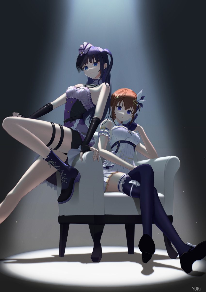 2girls absurdres aoi_ch. bare_shoulders blue_eyes blue_hair boots breasts brown_hair elbow_gloves fingerless_gloves fuji_aoi gloves hat highres hololive looking_at_viewer multiple_girls pleated_skirt skirt thigh_strap thighhighs tokino_sora virtual_youtuber vocaloid vsinger yuki_(24726302)