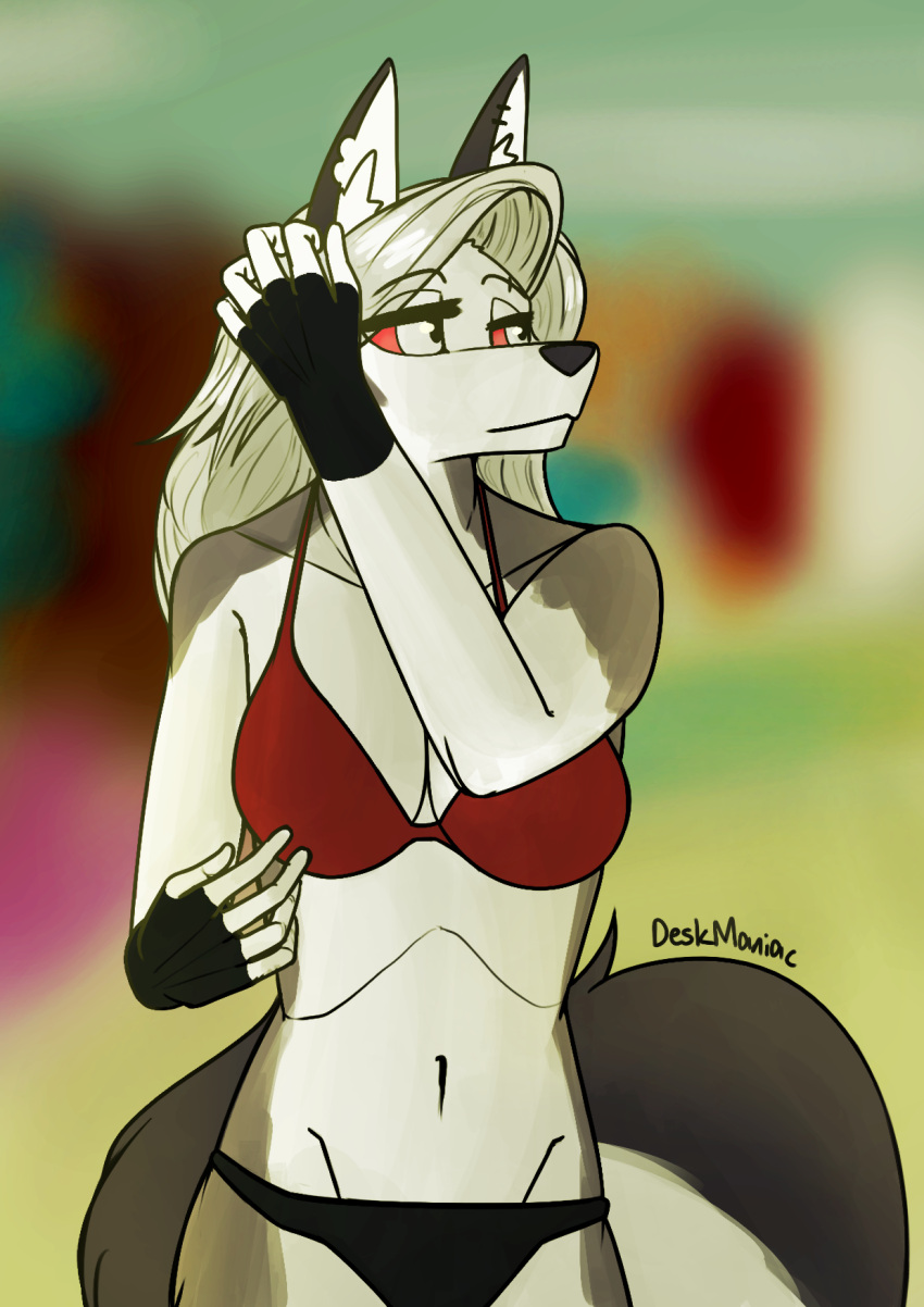 2022 5_fingers anthro bikini bikini_bottom bikini_top black_nose breasts canid canid_demon cleavage clothed clothing demon deskmaniac ear_piercing ear_ring female fingerless_gloves fingers fur gloves grey_body grey_fur hair handwear hellhound helluva_boss hi_res long_hair loona_(helluva_boss) mammal multicolored_body multicolored_fur navel piercing red_sclera ring_piercing signature silver_hair solo standing swimwear two_tone_body two_tone_fur white_body white_eyes white_fur