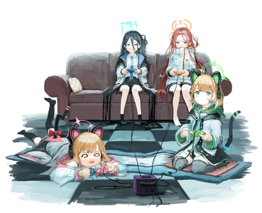 4girls :3 absurdly_long_hair absurdres arisu_(blue_archive) bangs bare_legs barefoot black_hair black_hairband black_skirt black_socks black_thighhighs blank_eyes blonde_hair blue_archive blue_bow blue_eyes blue_jacket blue_necktie bow braid cat_ear_headphones clenched_hand closed_mouth collared_shirt concentrating controller fake_tail game_console game_controller gamecube gamecube_controller green_eyes green_jacket hair_between_eyes hair_bow hairband halo headphones highres holding holding_controller holding_game_controller hood hooded_jacket jacket k6tetsu long_bangs long_hair long_sleeves looking_at_viewer lying midori_(blue_archive) momoi_(blue_archive) multicolored_clothes multicolored_jacket multiple_girls necktie on_stomach one_side_up open_mouth pink_jacket red_bow red_hair shirt simple_background sitting skirt socks tail tail_bow tail_ornament tearing_up thighhighs tile_floor tiles two-sided_fabric two-sided_jacket very_long_hair wariza white_background white_jacket white_shirt wide_sleeves wire yuzu_(blue_archive)