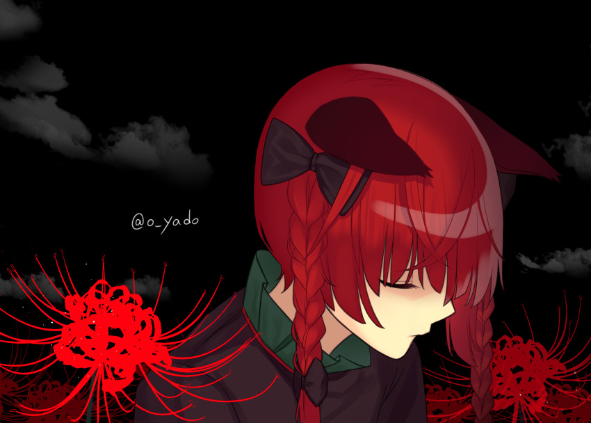 1girl absurdres animal_ears bow braid cat_ears closed_eyes ears_down flower gloom_(expression) hair_bow highres kaenbyou_rin profile red_flower red_hair solo spider_lily touhou twin_braids upper_body yadoyuki
