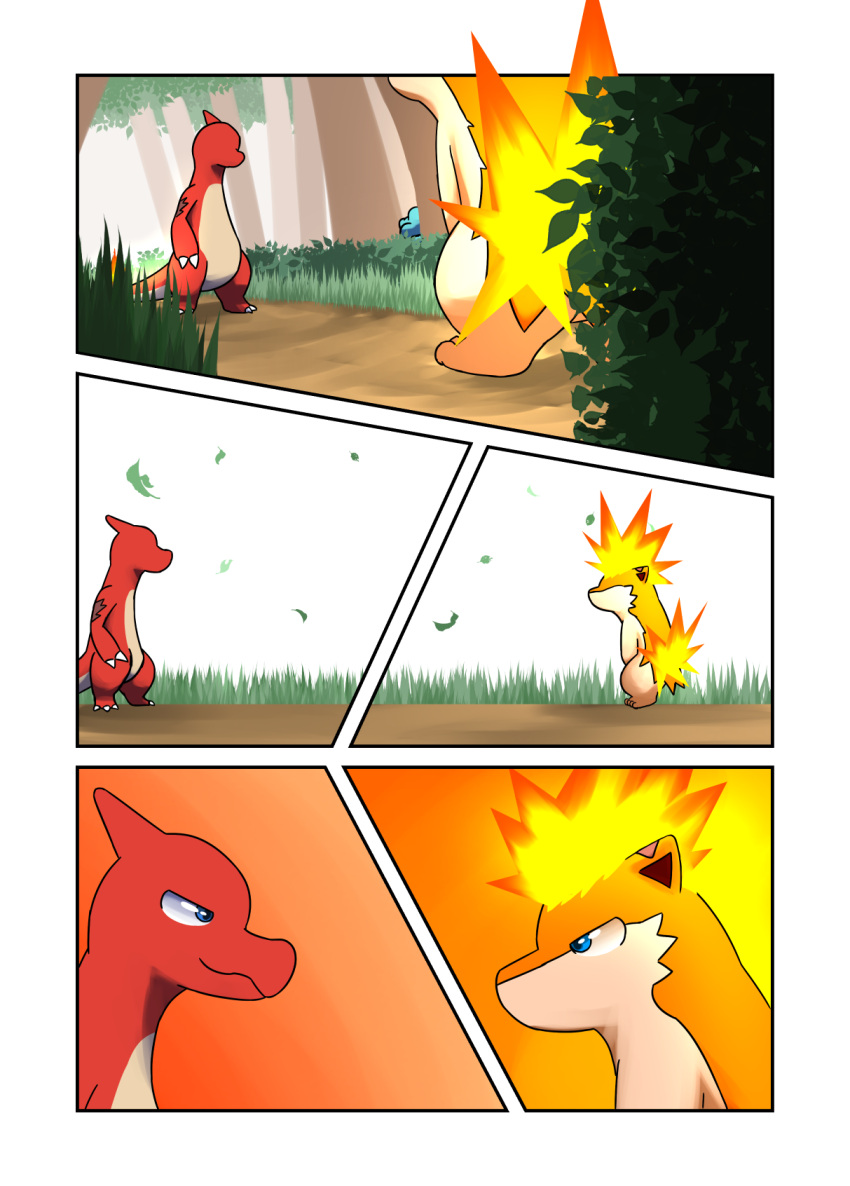 charmeleon comic darrow0 english_text fire forest generation_1_pokemon generation_2_pokemon hi_res nintendo plant pokemon pokemon_(species) pol quilava speech_bubble text totodile tree video_games yuel