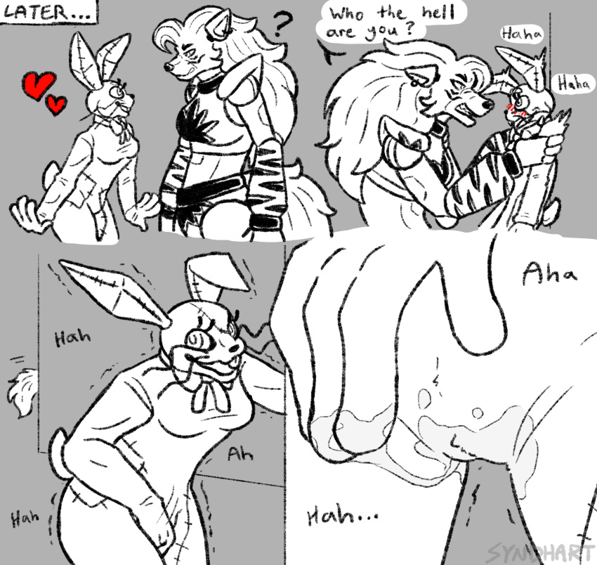 &lt;3 animatronic anthro blush bodily_fluids canid canine canis clothing costume dialogue duo female female/female fingering five_nights_at_freddy's genital_fluids hi_res intimidation lagomorph leporid machine mammal masturbation orgasm pussy_juice question_mark rabbit robot scottgames size_difference syndhart vaginal vaginal_fingering vanny_(fnaf) video_games wolf