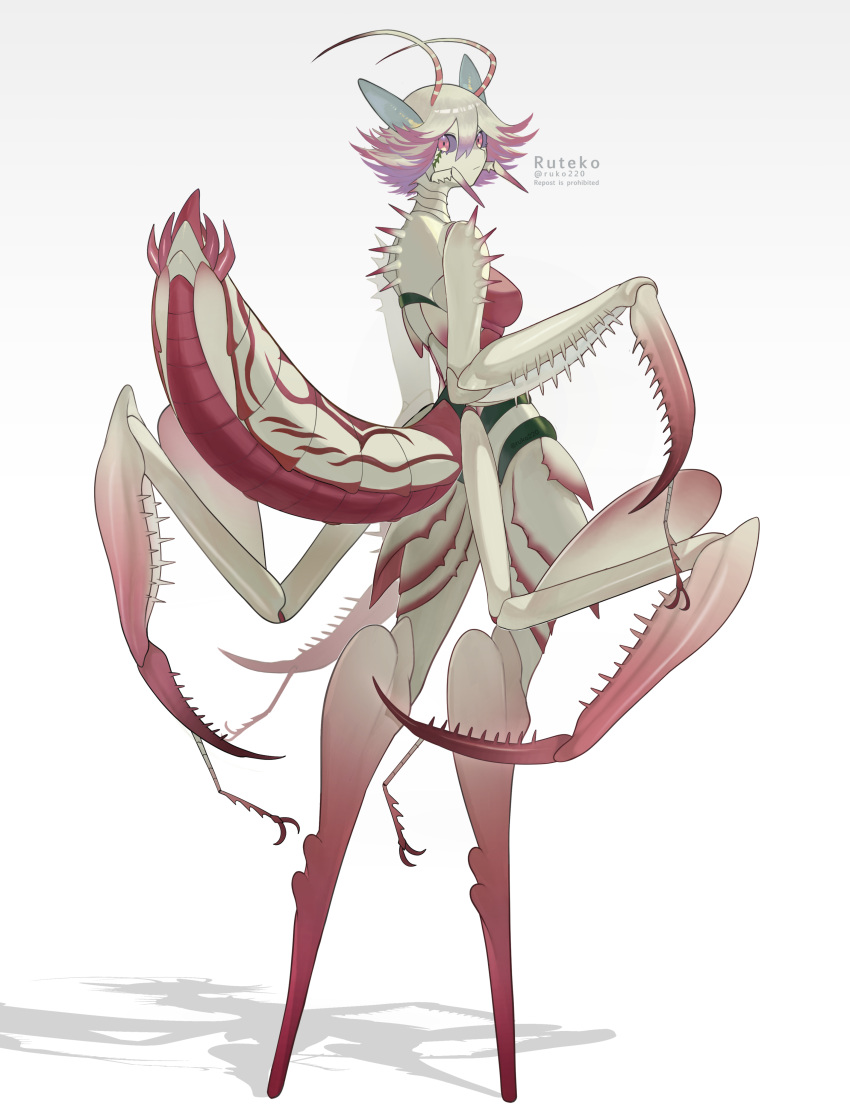 absurd_res animal_humanoid antennae_(anatomy) arthropod arthropod_abdomen arthropod_humanoid compound_eyes female flower_mantis hair hi_res humanoid insect looking_at_viewer looking_back mantis multi_arm multi_limb orchid_mantis pink_eyes pink_hair ruko220 simple_background solo spikes spikes_(anatomy) white_background wide_hips