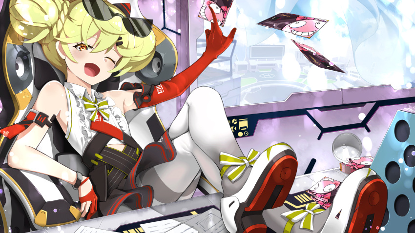 1girl :d absurdres ai-chan_(honkai_impact) asymmetrical_gloves bangs bare_shoulders black_skirt bow bowtie card collared_shirt crossed_legs double_bun elbow_gloves eyewear_on_head gloves green_hair hair_bun highres holding holding_card honkai_(series) honkai_impact_3rd indoors mismatched_gloves one_eye_closed open_mouth orange_eyes pantyhose partially_fingerless_gloves red_gloves second-party_source shirt shoe_soles skirt sleeveless sleeveless_shirt smile solo sunglasses white_bow white_bowtie white_pantyhose white_shirt zelitto