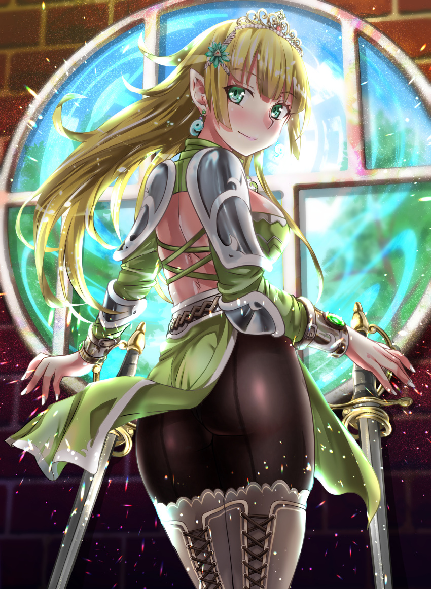 1girl absurdres armor ass back_cutout black_pantyhose blonde_hair boots breasts closed_mouth clothing_cutout cross-laced_dress dangle_earrings dress dual_wielding earrings elf flower from_behind green_dress green_eyes grey_footwear hair_flower hair_ornament highres holding jewelry kentap large_breasts long_hair looking_at_viewer looking_back original panties panties_under_pantyhose pantyhose pointy_ears round_window shoulder_armor sideboob smile solo sword thigh_boots tiara underwear weapon window