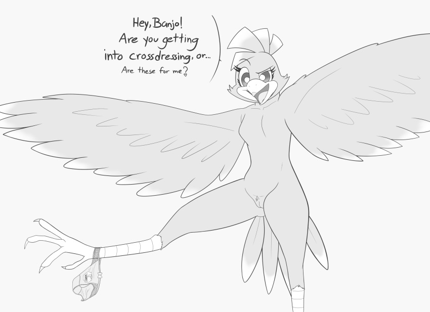 anthro avian banjo-kazooie bird breegull clothing female genitals hi_res kazooie monochrome panties pussy rareware solo sspore text underwear video_games wings