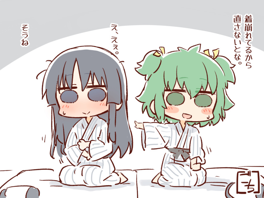 2girls :&gt; :d adjusting_clothes antenna_hair artist_name assault_lily bangs barefoot bath_yukata black_eyes blush chibi closed_eyes commentary_request futon gochisousama_(tanin050) green_eyes green_hair grey_background hair_between_eyes hair_ribbon hand_on_lap hand_up hands_up japanese_clothes kimono long_hair long_sleeves looking_at_viewer messy_hair motion_lines multiple_girls on_bed outstretched_arm pointing pointing_at_another ribbon seiza shirai_yuyu short_hair sitting smile solid_circle_eyes striped striped_kimono sweatdrop two-tone_background two_side_up vertical-striped_kimono vertical_stripes white_background white_kimono wide_sleeves yellow_ribbon yoshimura_thi_mai yukata