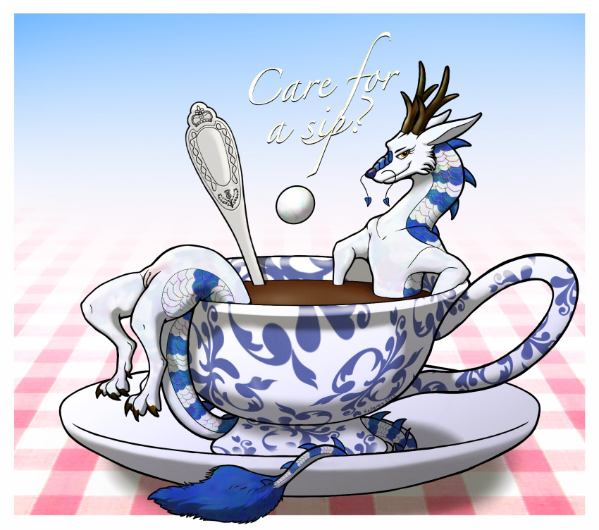 amber_eyes antlers asian_mythology bathing bathtub beverage blue_markings claws clitoris coiled_tail container crown cup cutlery dragon draped east_asian_mythology eastern_dragon egg feet female feral floating food fur gem genitals gingham hi_res horn invalid_tag irridescent kestenan kestenan_(artist) kitchen_utensils looking_at_viewer markings micro mythology pearl_(gem) presenting presenting_pussy pussy reclining saucer scales shaded shameless simple_background smile solo spoon tail_tuft tea tea_cup text thistle_(plant) toe_claws toes tools tuft white_body