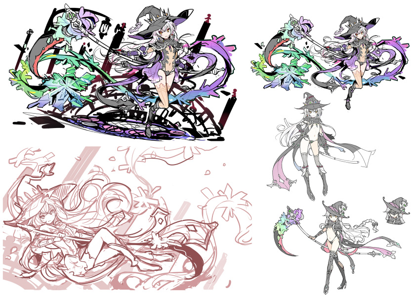 boots concept_art full_body hat high_heel_boots high_heels highres hilda_(stella_glow) holding holding_scythe ideolo long_hair scythe stella_glow thighhighs very_long_hair white_hair witch_hat yellow_eyes