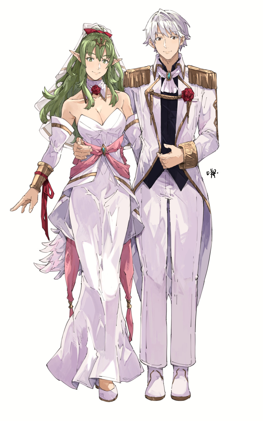 1boy 1girl absurdres breasts bridal_veil bride cleavage commission couple dress fire_emblem fire_emblem_awakening green_eyes green_hair groom highres husband_and_wife large_breasts long_hair married pointy_ears ponytail robin_(fire_emblem) robin_(fire_emblem)_(male) sakuremi short_hair smile strapless strapless_dress tiki_(fire_emblem) veil wedding_dress white_dress white_hair