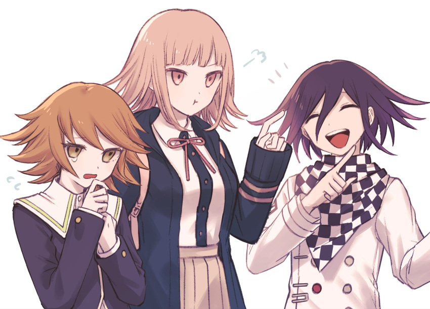 1girl 2boys :d :i alternate_color anui bangs black_jacket black_shirt blunt_bangs brown_eyes brown_hair brown_skirt buttons checkered_clothes checkered_scarf closed_eyes danganronpa:_trigger_happy_havoc danganronpa_(series) danganronpa_2:_goodbye_despair danganronpa_v3:_killing_harmony double-breasted dress_shirt flipped_hair fujisaki_chihiro hair_between_eyes hand_up highres index_finger_raised jacket long_sleeves medium_hair multiple_boys nanami_chiaki neck_ribbon no_hair_ornament open_clothes open_jacket ouma_kokichi pink_ribbon pleated_skirt ribbon scarf shiny shiny_hair shirt shirt_tucked_in short_hair simple_background skirt smile tearing_up teeth tongue upper_teeth white_background white_shirt