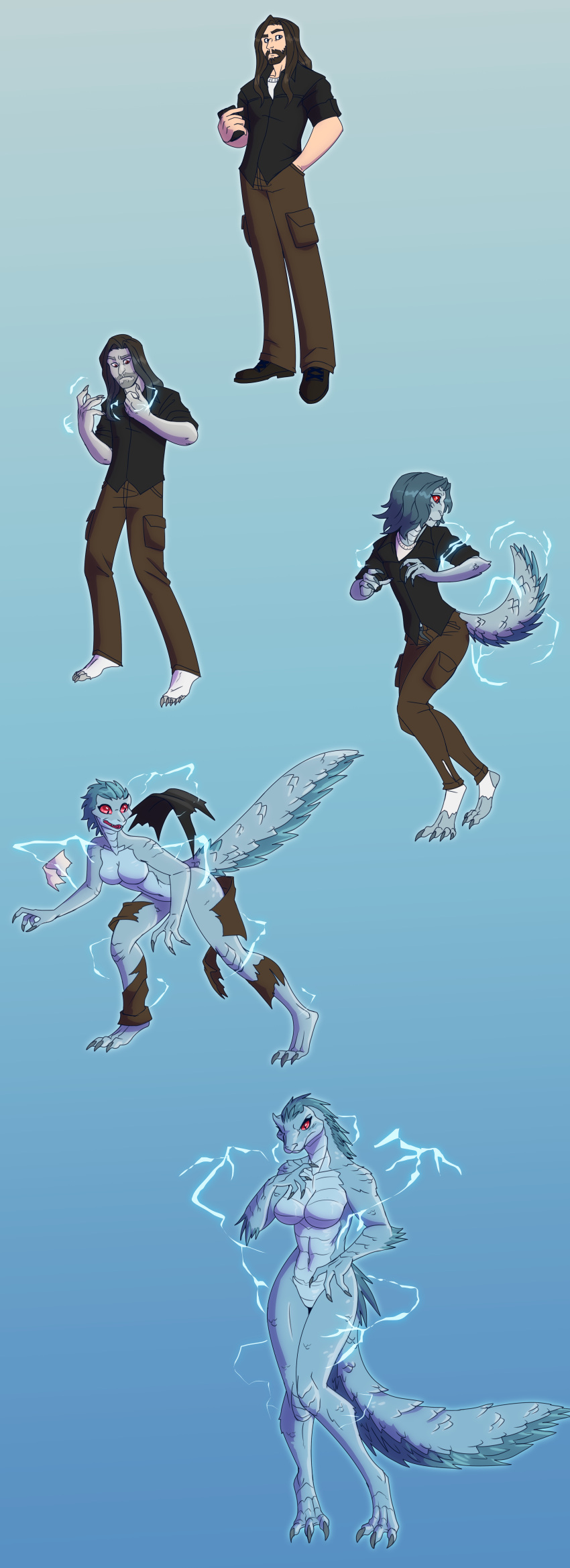 2022 3_toes absurd_res annoyed anthro beard blue_body blue_scales bottomwear breasts brown_hair capcom claws clothing digitigrade facial_hair fanged_wyvern featureless_breasts featureless_crotch feet female footwear gender_transformation growth hair hand_in_pocket hi_res human human_to_anthro lightning male mammal monster_hunter mtf_transformation navel nude open_mouth pants pockets red_sclera scales sequence shirt shoes simple_background solo species_transformation standing surprise tail_growth thatweirdguyjosh tobi-kadachi toes topwear torn_clothing transformation video_games