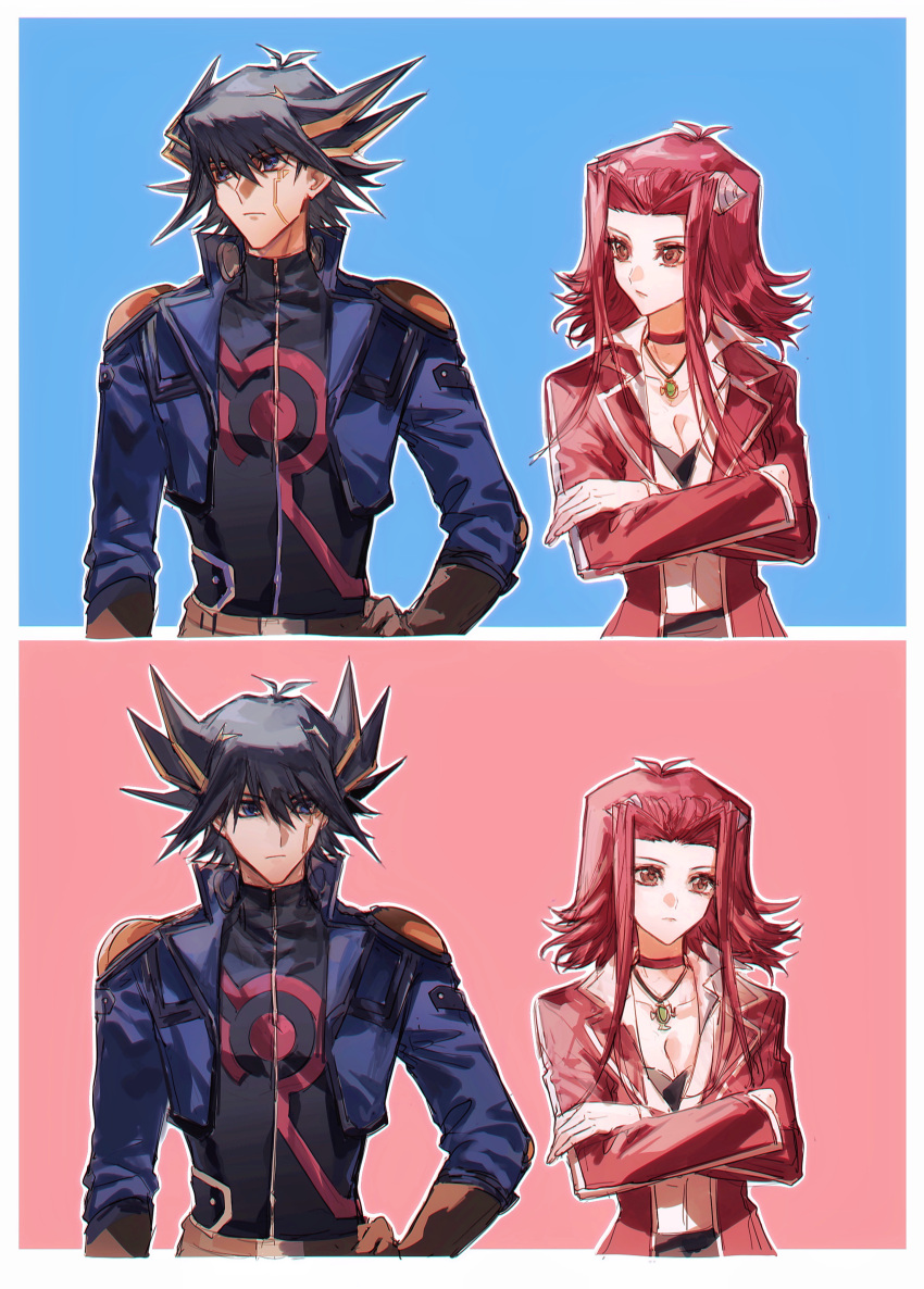 1boy 1girl absurdres bangs black_hair black_jacket blonde_hair blue_background blue_eyes blue_jacket border breasts brown_eyes brown_gloves choker cleavage collarbone crossed_arms duel_academy_uniform_(yu-gi-oh!_5d's) facial_mark fudou_yuusei gloves hair_between_eyes hair_intakes hand_on_hip highres izayoi_aki jacket jewelry long_sleeves looking_at_another looking_away medium_breasts multicolored_hair naoki_(2rzmcaizerails6) open_clothes open_jacket outline pendant pink_background print_jacket red_choker red_hair red_jacket shiny shiny_hair sidelocks spiked_hair split_screen two-tone_hair upper_body white_border yu-gi-oh! yu-gi-oh!_5d's zipper