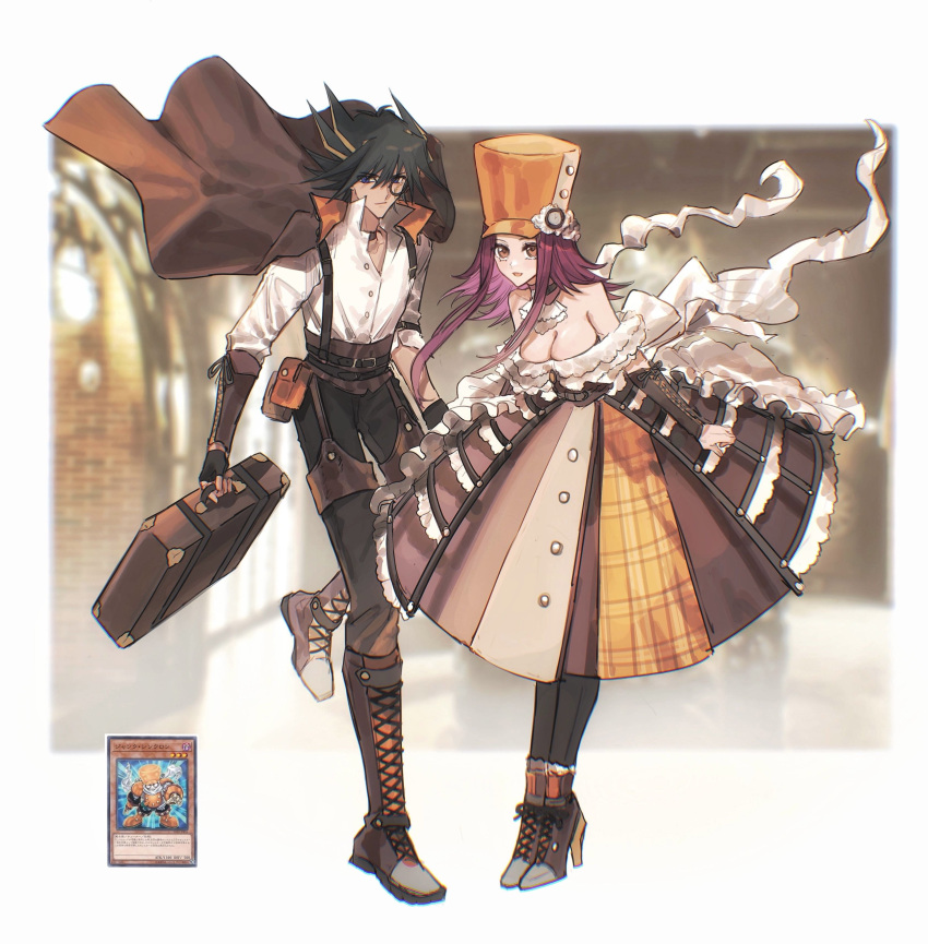 1boy 1girl absurdres adapted_costume alternate_costume ascot bangs black_gloves black_hair black_pants blonde_hair blue_eyes boots breasts brown_cape brown_eyes cape card cleavage closed_mouth collarbone dress_shirt duel_monster fingerless_gloves floating_hair fudou_yuusei full_body gloves hair_between_eyes high_heel_boots high_heels highres holding izayoi_aki junk_synchron layered_skirt leaning_forward long_skirt looking_at_viewer medium_breasts multicolored_clothes multicolored_hair multicolored_skirt naoki_(2rzmcaizerails6) off-shoulder_shirt off_shoulder open_mouth pants pink_hair red_hair shiny shiny_hair shirt sidelocks skirt spiked_hair standing suitcase suspenders two-tone_hair underbust white_ascot white_shirt yu-gi-oh! yu-gi-oh!_5d's