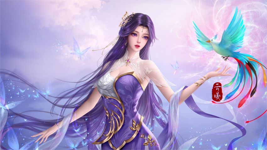1girl absurdres bird bug butterfly china_dress chinese_clothes cleavage_cutout clothing_cutout dress earrings flying hair_ornament hei_yu_xing_cheng highres jewelry long_hair outstretched_hand parted_lips purple_dress purple_eyes second-party_source solo sparkle teeth upper_body wanmei_shijie yun_xi_(wanmei_shijie)