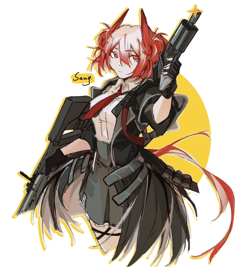 1girl arknights bangs black_coat black_gloves black_skirt breasts bright_pupils closed_mouth coat collared_shirt cropped_legs dual_wielding feather_hair fiammetta_(arknights) fingerless_gloves gloves gradient_hair gun hair_between_eyes high-waist_skirt highres holding holding_gun holding_weapon long_sleeves looking_at_viewer medium_breasts multicolored_hair necktie open_clothes open_coat red_eyes red_hair red_necktie sangrenjiugantangmaiwu shirt short_hair skirt solo sparkle thigh_strap two-tone_background weapon white_background white_shirt yellow_background