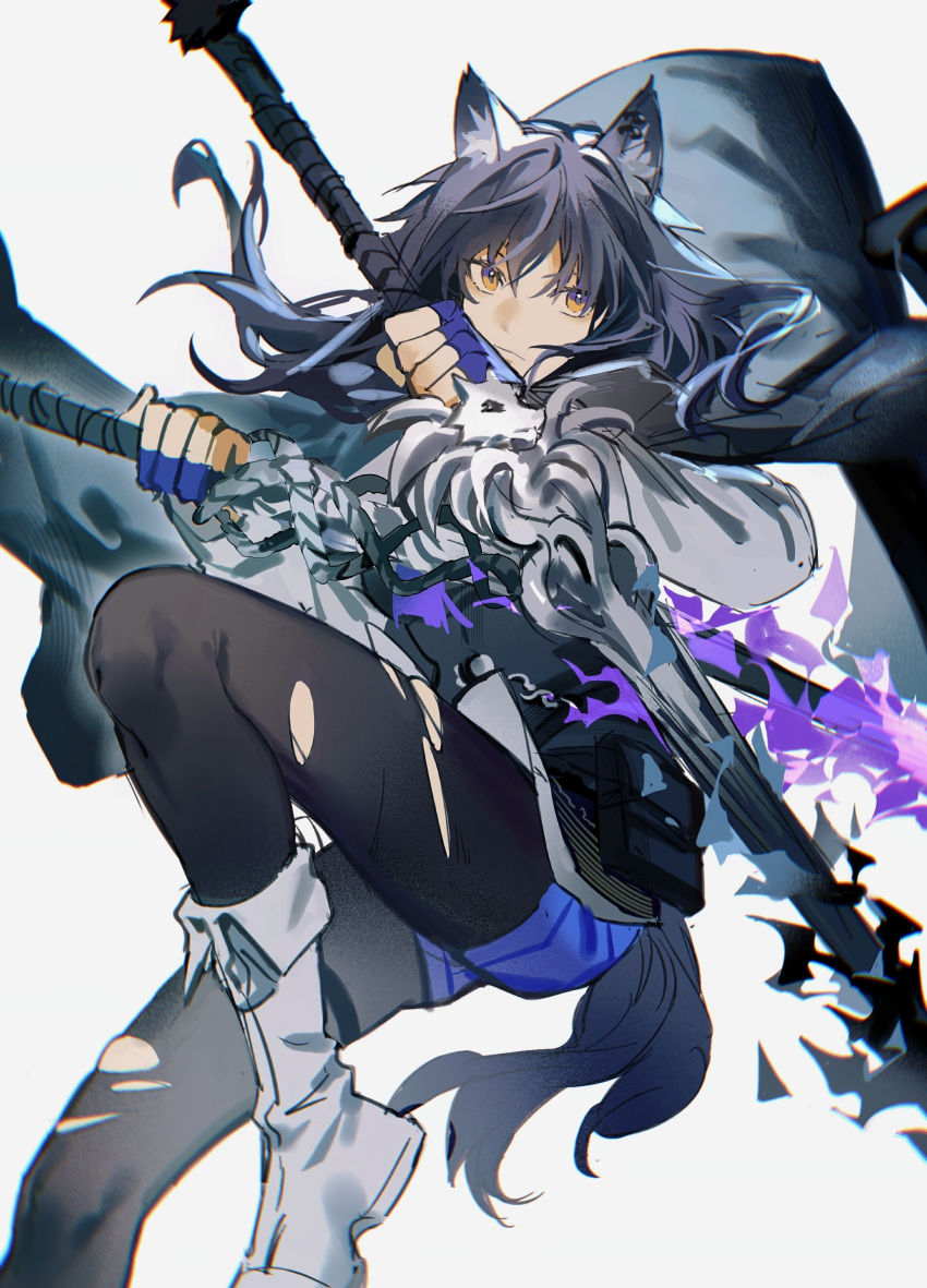 1girl absurdres animal_ears arknights black_cape black_fire black_hair black_pantyhose black_vest blue_gloves blue_shorts boots cape closed_mouth dual_wielding fingerless_gloves fire flaming_sword flaming_weapon gloves highres holding holding_sword holding_weapon knee_boots long_hair long_sleeves looking_at_viewer pantyhose pantyhose_under_shorts purple_fire short_shorts shorts simple_background solo sword tail texas_(arknights) texas_the_omertosa_(arknights) torn_pantyhose vest weapon white_background white_footwear wolf_ears wolf_girl wolf_tail yellow_eyes