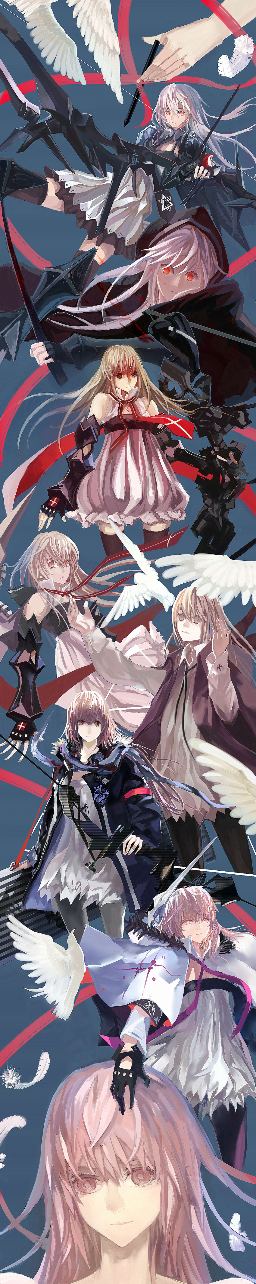 4girls absurdres angel_wings armor bangs berlinetta_(pixiv_fantasia) black_thighhighs blue_background borrowed_character bow_(weapon) commentary disembodied_limb dress feathers highres holding holding_bow_(weapon) holding_weapon incredibly_absurdres long_hair multiple_girls multiple_persona multiple_views pink_eyes pink_hair pixiv_fantasia pixiv_fantasia_5 pixiv_fantasia_fallen_kings pixiv_fantasia_new_world pixiv_fantasia_sword_regalia reiichiko simple_background sleeveless sleeveless_dress strapless strapless_dress string string_of_fate striped striped_background stylus tall_image thighhighs weapon weapon_case white_dress wings