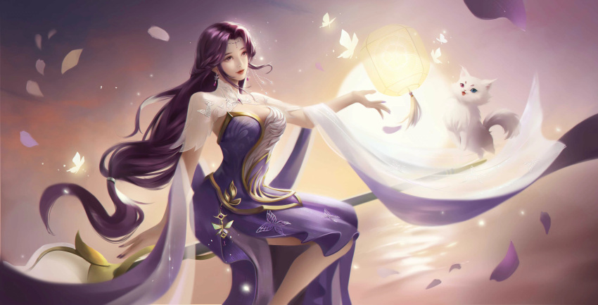 1girl absurdres bare_legs breasts broom bug butterfly cat dress earrings falling_petals fu_guang_qingqing glowing_butterfly highres horizon jewelry lantern large_breasts long_hair outstretched_hand petals purple_dress purple_hair second-party_source shiny shiny_hair sitting solo sun wanmei_shijie water yun_xi_(wanmei_shijie)