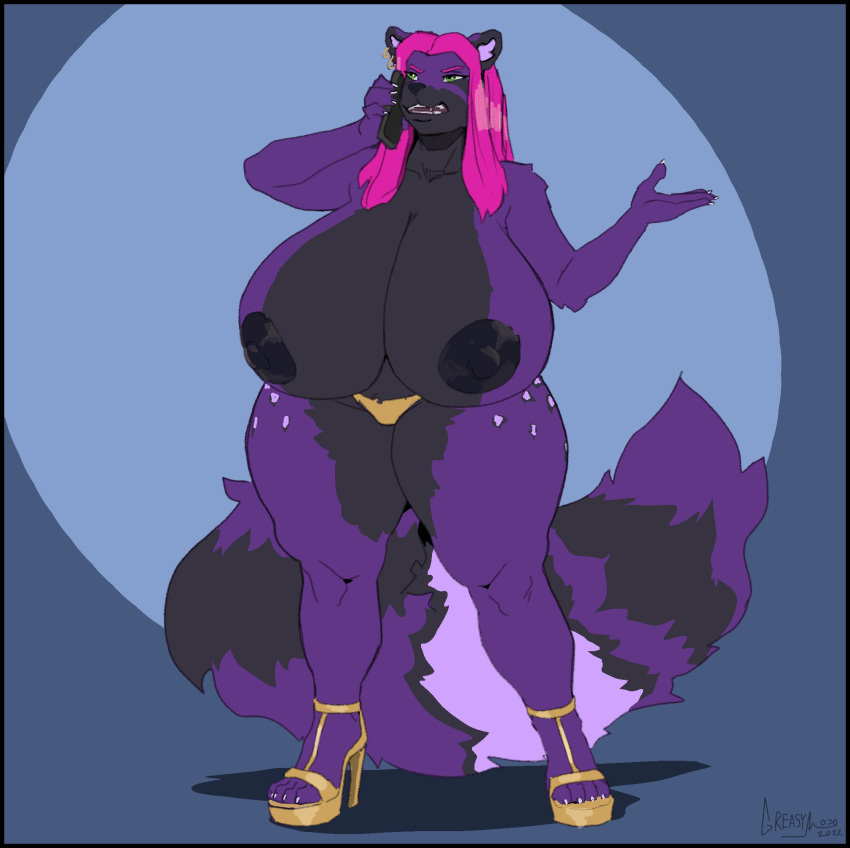 anthro areola big_breasts breasts clothed clothing ear_piercing ear_ring female footwear fur greasymojo hair hi_res high_heels huge_breasts mammal nipples panties piercing pink_hair purple_body purple_fur ring_piercing solo topless underwear