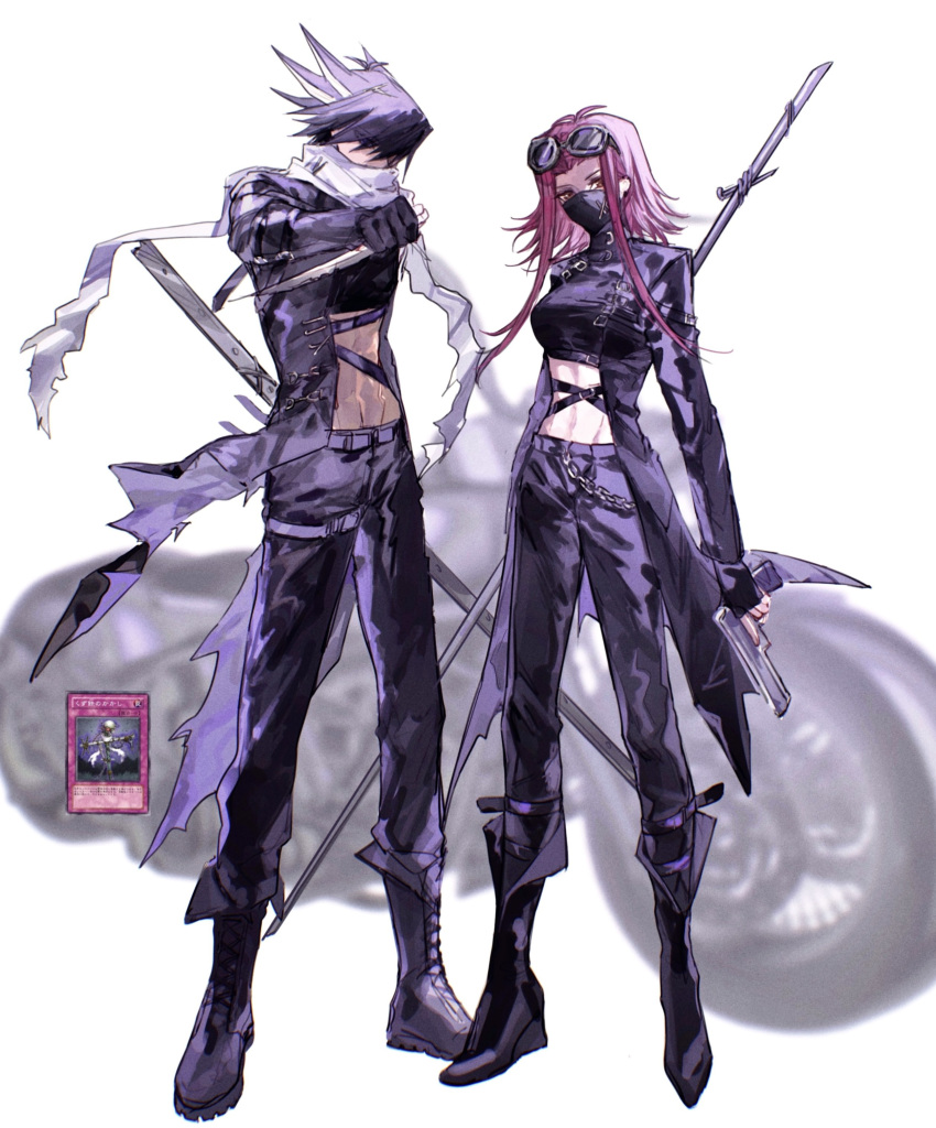 1boy 1girl absurdres adapted_costume alternate_costume black_coat black_footwear black_gloves black_pants boots breasts card chain coat crop_top duel_monster fingerless_gloves fudou_yuusei full_body gloves goggles goggles_on_head grey_hair groin gun handgun highres holding holding_weapon izayoi_aki long_hair long_sleeves looking_at_viewer mask medium_breasts midriff multicolored_hair naoki_(2rzmcaizerails6) open_clothes open_coat pants red_hair scarf scarf_over_mouth scrap-iron_scarecrow sidelocks spiked_hair standing stomach two-tone_hair weapon white_background white_scarf yu-gi-oh! yu-gi-oh!_5d's