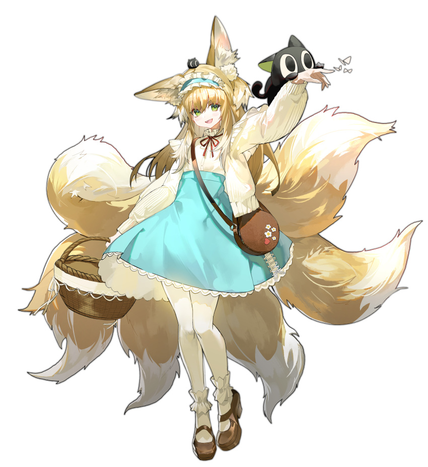 1girl absurdres animal_ear_fluff animal_ears animal_on_head arknights bag basket bijian_de_linghun black_cat blonde_hair blue_hairband blue_skirt brown_bag brown_footwear cardigan cat cat_on_head fang fox_ears fox_girl fox_tail frilled_hairband frills full_body green_eyes hair_down hairband heixiu high-waist_skirt highres holding holding_basket kitsune long_hair long_sleeves looking_at_viewer luoxiaohei multicolored_hair multiple_tails neck_ribbon on_head open_cardigan open_clothes open_mouth pantyhose red_ribbon ribbon satchel shirt shirt_tucked_in shoulder_bag simple_background skirt solo standing straight_hair streaked_hair suzuran_(arknights) tachi-e tail the_legend_of_luo_xiaohei white_background white_hair white_pantyhose white_shirt yellow_card