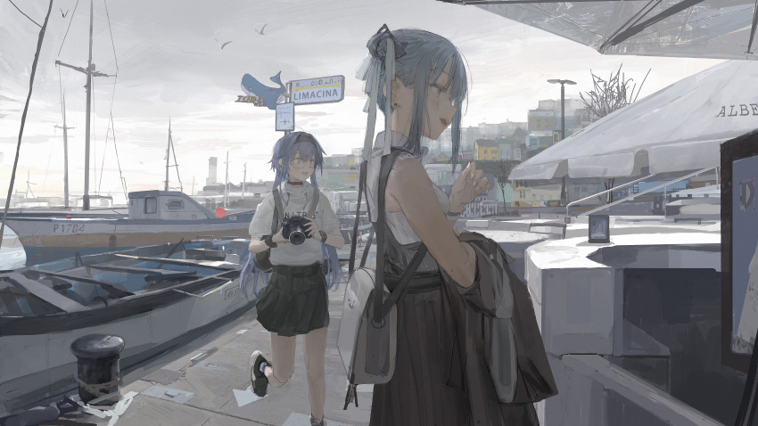 2girls absurdres bag bangs black_choker blue_hair boat camera choker highres holding holding_camera long_hair marina multiple_girls open_mouth original outdoors paindude short_hair skirt town watercraft