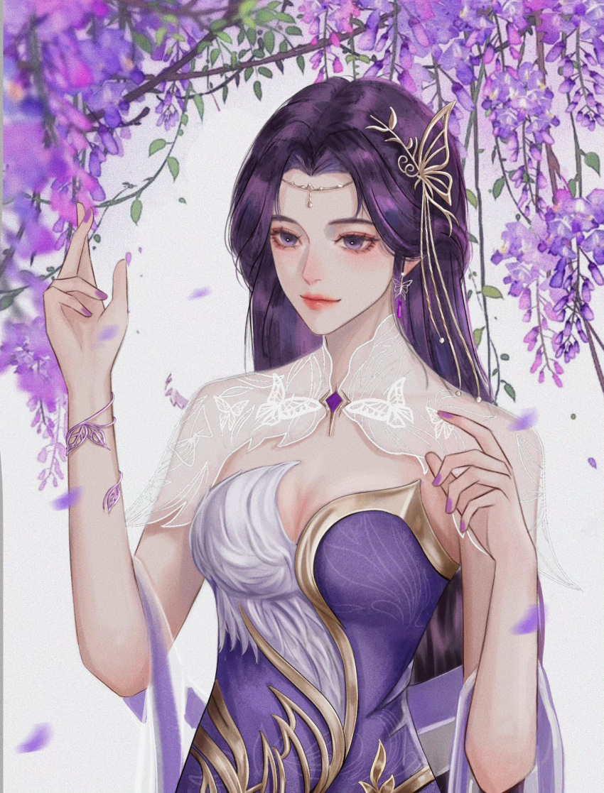 1girl absurdres blush closed_mouth dress earrings falling_leaves flower hair_ornament highres jewelry leaf long_hair looking_to_the_side purple_dress purple_eyes purple_hair second-party_source smile solo upper_body wanmei_shijie white_background wisteria yun_xi_(wanmei_shijie)