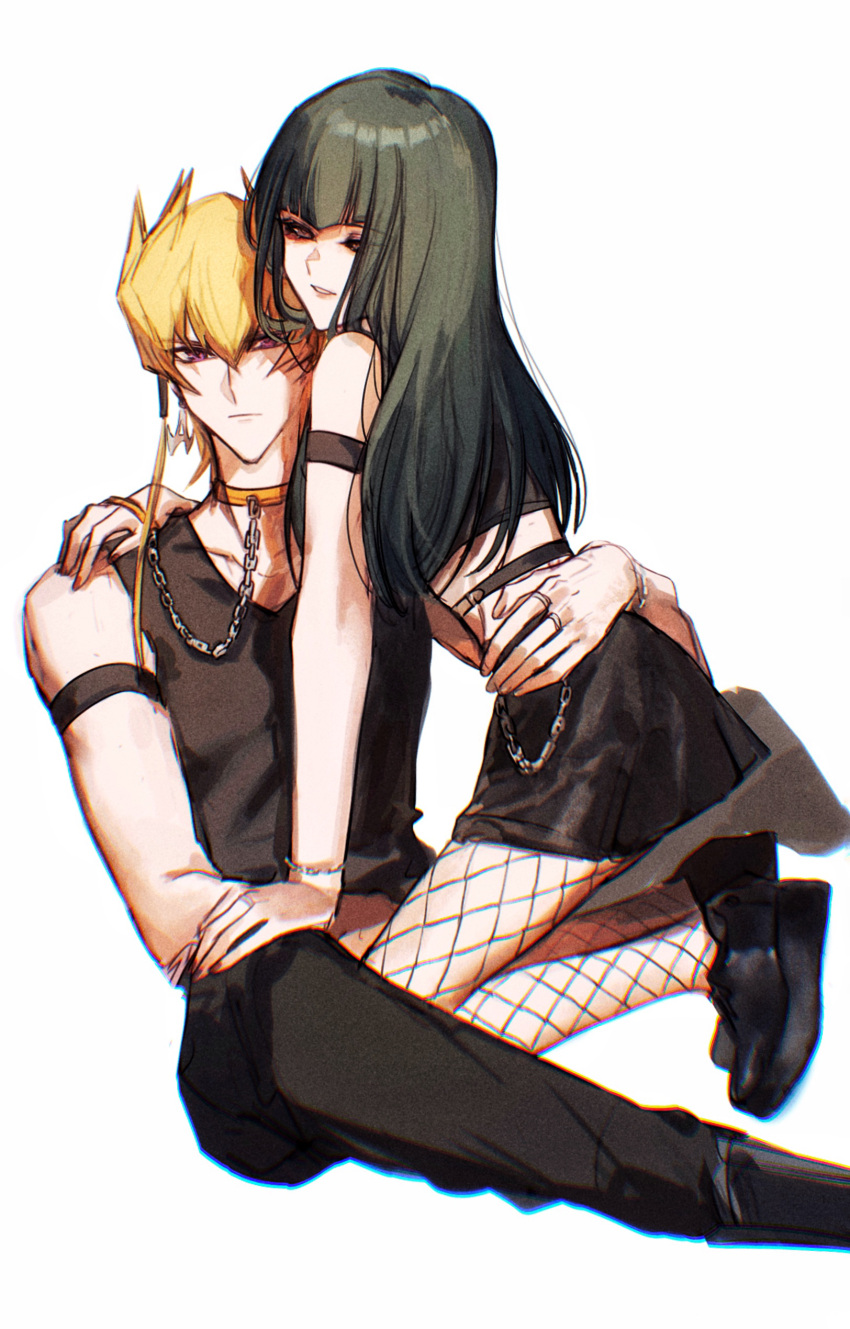 1boy 1girl absurdres bangs black_hair black_pants black_shirt black_skirt blunt_bangs carly_nagisa chain closed_mouth collarbone couple crop_top fishnet_pantyhose fishnets from_side hair_between_eyes hand_on_another's_knee hand_on_another's_shoulder hetero highres jack_atlas long_hair looking_at_viewer miniskirt naoki_(2rzmcaizerails6) no_eyewear pants pantyhose parted_lips red_eyes shiny shiny_hair shirt simple_background skirt sleeveless sleeveless_shirt straight_hair white_background yu-gi-oh! yu-gi-oh!_5d's