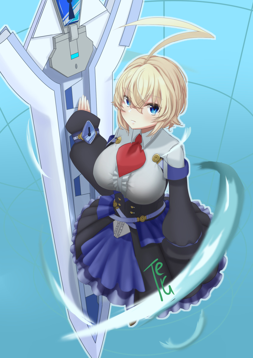 1girl absurdres ahoge blazblue blonde_hair blue_background blue_eyes blue_skirt breasts closed_mouth es_(xblaze) full_body highres huge_ahoge large_breasts long_sleeves looking_at_viewer signature skirt smile solo sword teru_(te87024871) weapon