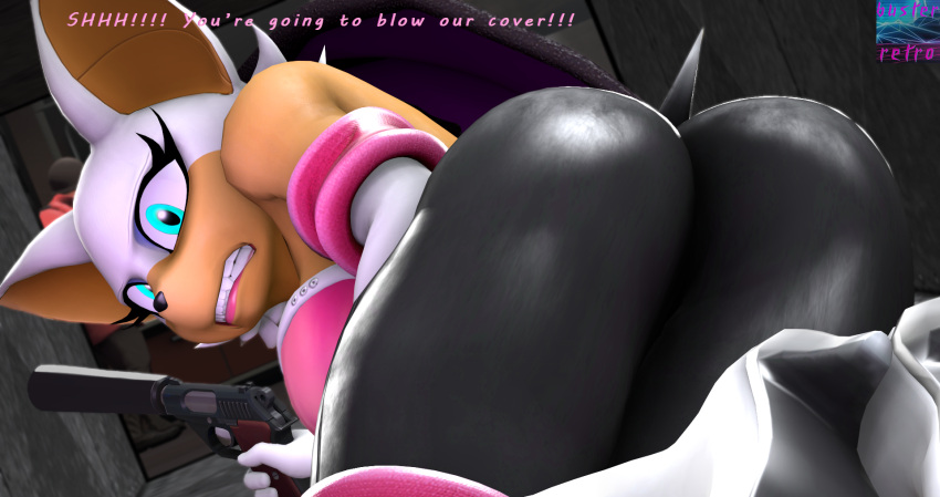 angry_eyes anthro breasts busterretro butt clothed clothing ears_up female footwear gun hair hi_res high_heels lipstick looking_at_viewer makeup ranged_weapon rouge_the_bat sega soldier_(team_fortress_2) solo sonic_the_hedgehog_(series) team_fortress_2 teeth valve video_games weapon