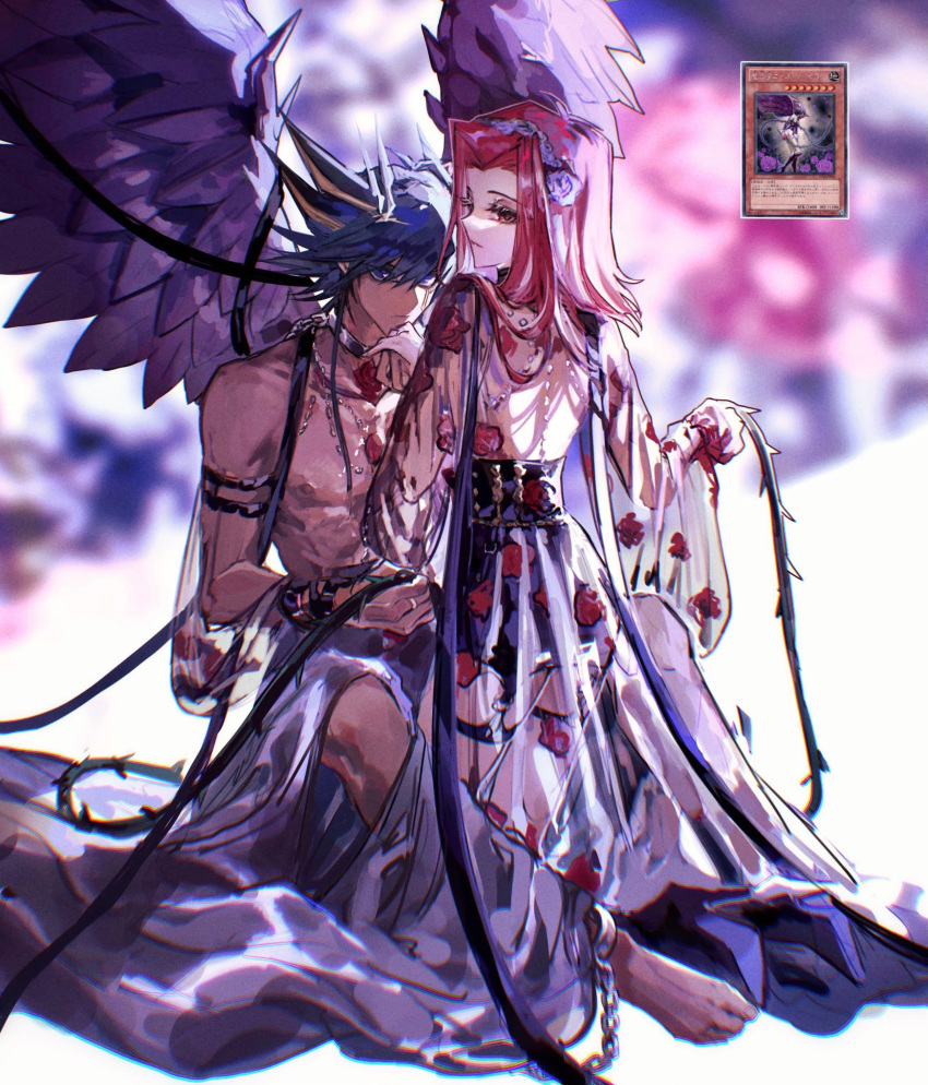 1boy 1girl absurdres adapted_costume alternate_costume barefoot black_hair blonde_hair blue_eyes blurry blurry_background brown_eyes card collarbone cuffs dress duel_monster fallen_angel_of_roses feathered_wings fudou_yuusei hair_intakes highres izayoi_aki long_hair long_sleeves multicolored_hair naoki_(2rzmcaizerails6) nipples red_hair shackles shiny shiny_hair spiked_hair topless two-tone_hair wide_sleeves wings yu-gi-oh! yu-gi-oh!_5d's