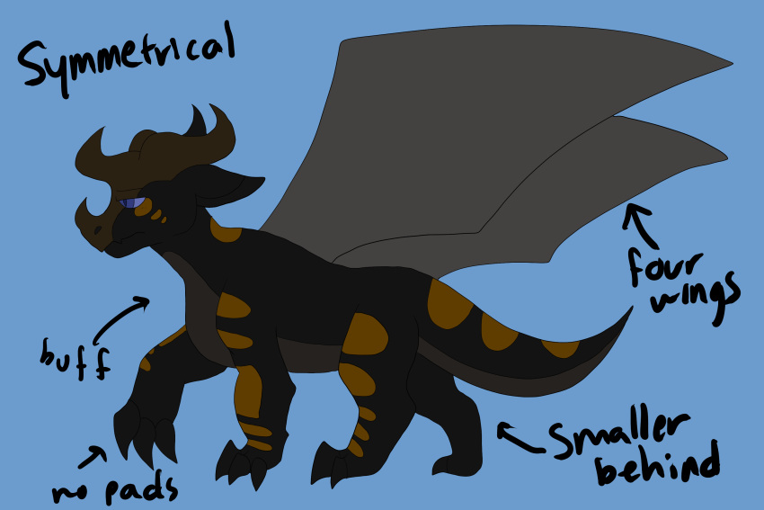 4_wings battycat black_body black_scales claws dragon feral grey_wings hi_res horn male multi_wing muscular scales scalie scaly_tail solo wings