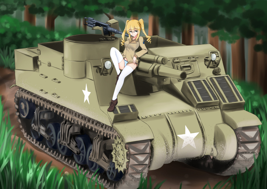 1girl absurdres breasts brown_footwear browning_m2 caterpillar_tracks commission drill_hair english_commentary grass green_eyes gun hair_between_eyes headlight highres isosceles_triangle_(xyzxyzxyz) looking_at_viewer m7_priest machine_gun medium_breasts original outdoors panties self-propelled_artillery semi-rimless_eyewear smile solo striped striped_panties thighhighs thighs tree twintails underwear weapon world_witches_series