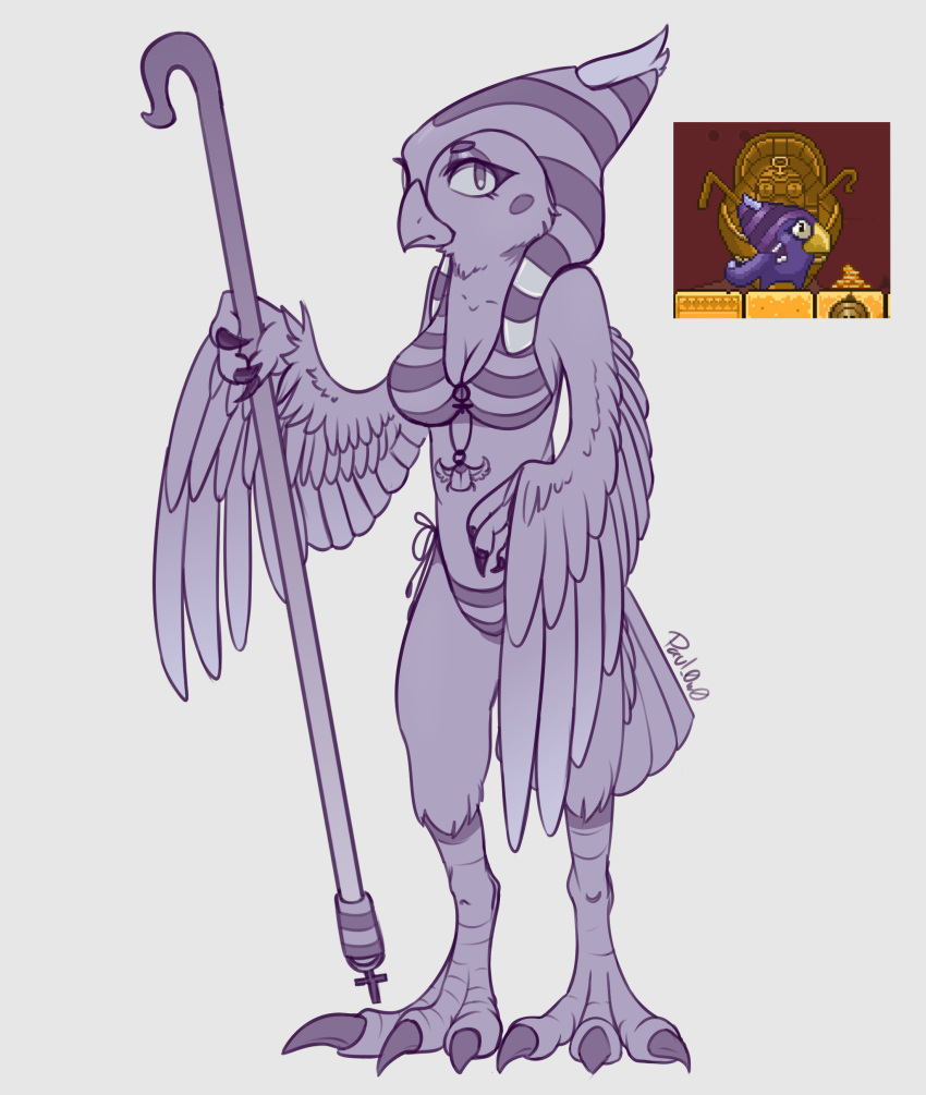 absurd_res alternate_species anthro avian beak bikini bird bird_feet clothing egyptian egyptian_headdress female furrification hi_res paul_0w0 purple_body solo swimwear temple_glider