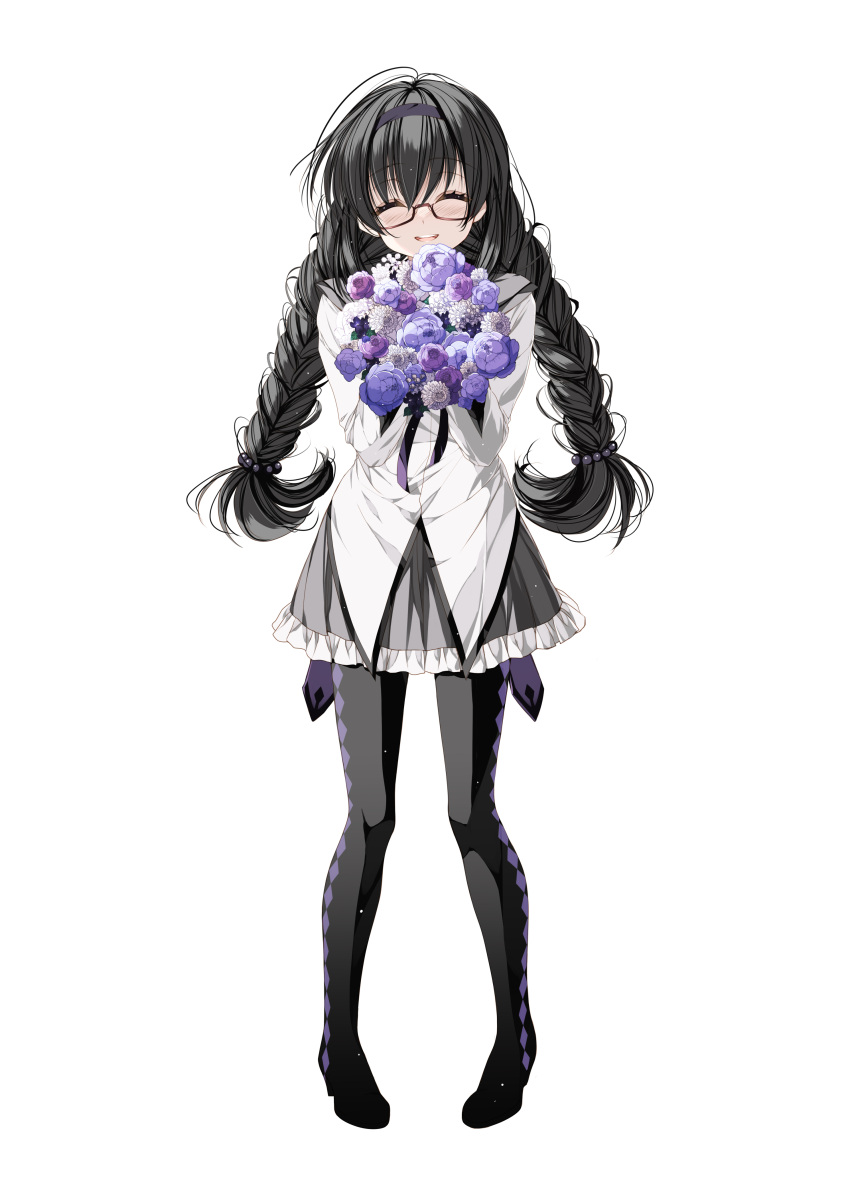 1girl :d absurdres akemi_homura black_hair black_pantyhose black_ribbon bouquet braid closed_mouth facing_viewer frilled_skirt frills full_body glasses grey_sailor_collar grey_skirt hairband highres holding holding_bouquet long_hair long_sleeves mahou_shoujo_madoka_magica miniskirt misteor mitakihara_school_uniform open_mouth pantyhose pleated_skirt purple_hairband ribbon sailor_collar school_uniform shirt simple_background skirt smile solo standing twin_braids twintails very_long_hair white_background white_shirt