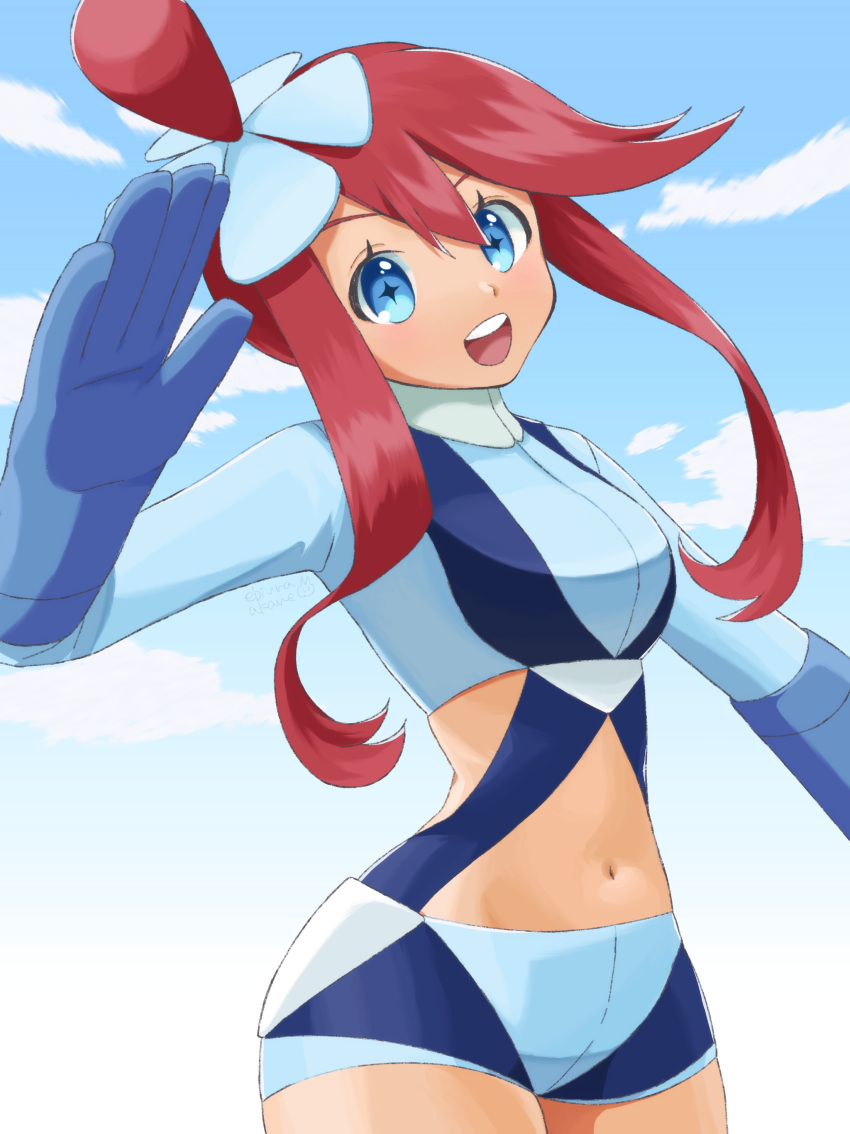 +_+ 1girl :d absurdres blue_eyes blue_footwear blue_gloves blue_jacket blue_shorts breasts cloud cropped_jacket ebiura_akane gloves hair_ornament hand_up highres jacket midriff navel one_side_up pilot pokemon pokemon_(game) pokemon_bw red_hair short_hair_with_long_locks short_shorts shorts sidelocks simple_background sky skyla_(pokemon) smile solo teeth thigh_pouch turtleneck upper_teeth