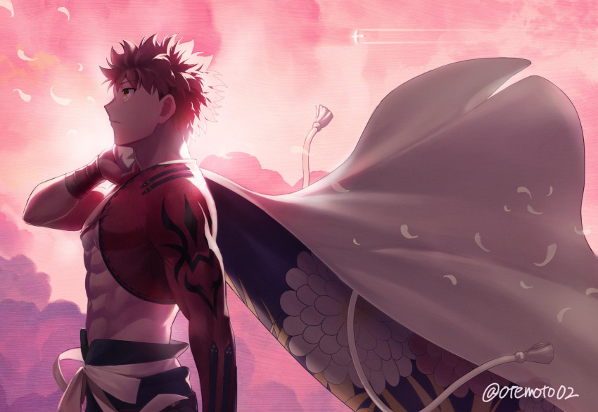 1boy bird cloud emiya_shirou fate/grand_order fate_(series) feathers from_side highres igote light moto_(otemoto02) parted_lips red_hair senji_muramasa_(fate) tassel toned toned_male twitter_username upper_body wristband yellow_eyes