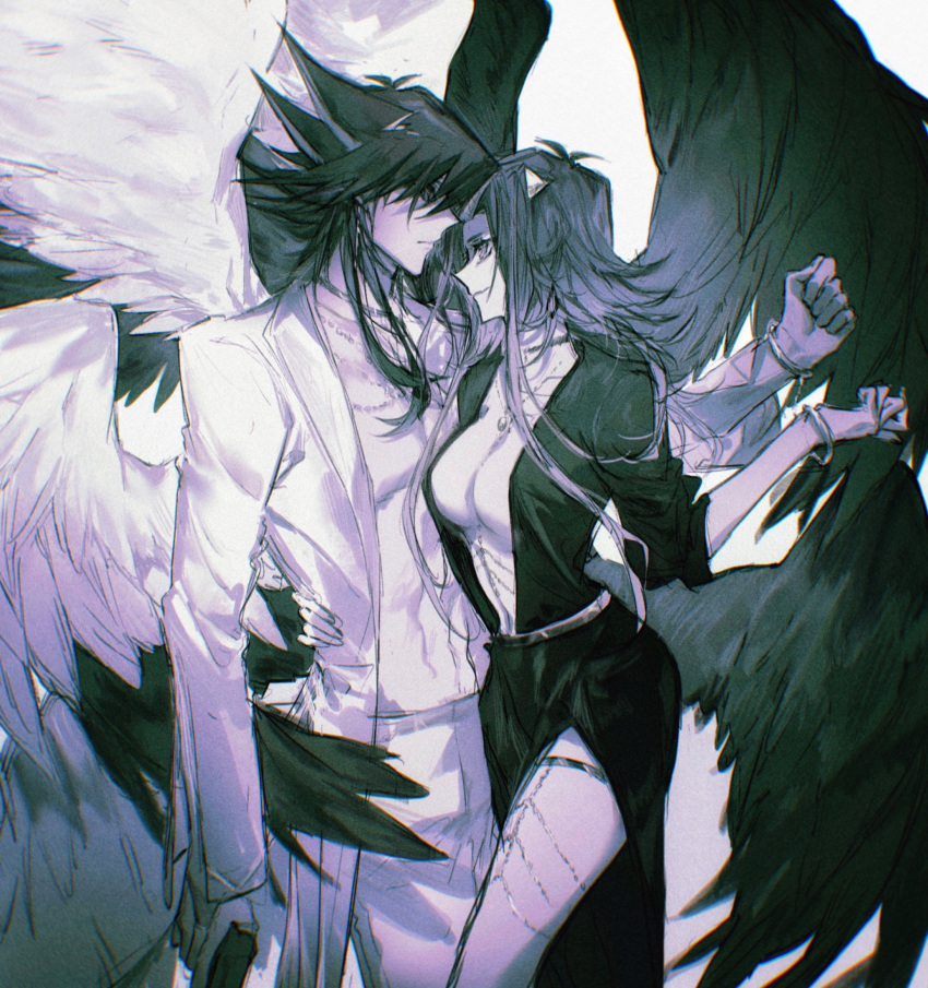 1boy 1girl absurdres alternate_costume arm_around_waist breasts cleavage closed_mouth coat collarbone cuffs feathered_wings fudou_yuusei greyscale gun hair_intakes hand_on_another's_hip handcuffs highres holding holding_gun holding_weapon izayoi_aki jewelry large_breasts long_hair monochrome multiple_wings naoki_(2rzmcaizerails6) open_clothes open_coat pants pendant profile side_slit sidelocks sketch smile spiked_hair thighlet weapon wings yu-gi-oh! yu-gi-oh!_5d's