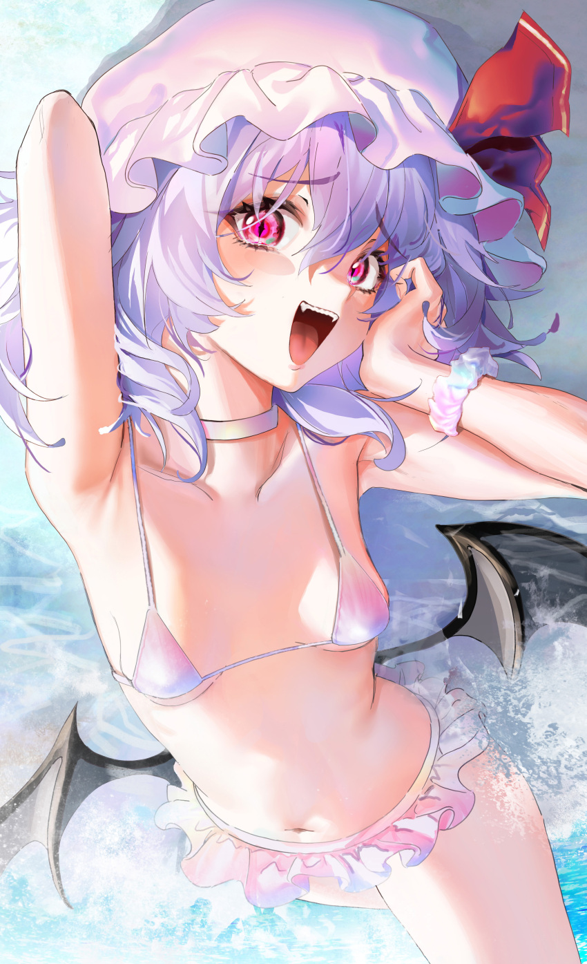 1girl absurdres armpits arms_up bat_wings bikini breasts choker commission fangs frilled_swimsuit frills hat highres lalu_(pixiv3307500) light_purple_hair mob_cap navel open_mouth purple_eyes remilia_scarlet slit_pupils small_breasts solo swimsuit tongue touhou water wings